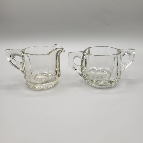 Pressed Glass Open Sugar and Creamer Set Vintage Wide Panels Heavy Thick Glass - Picture 3 of 9